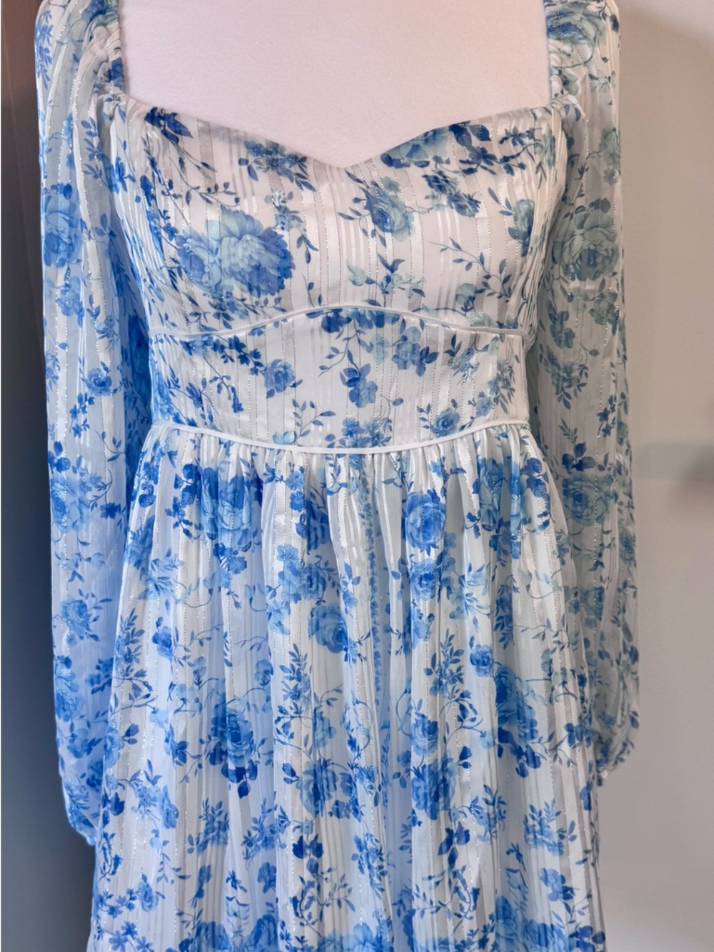 Altar'd State White and Blue Floral Long Sleeve Midi Dress